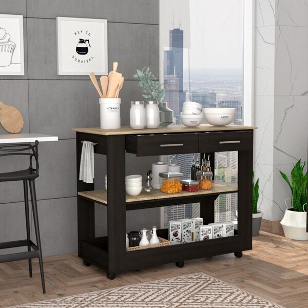 Tuhome Cala Kitchen Island 46, Six Casters, Two Drawers, Lower Open Shelf, Black/Light Oak AWD5779 - main
